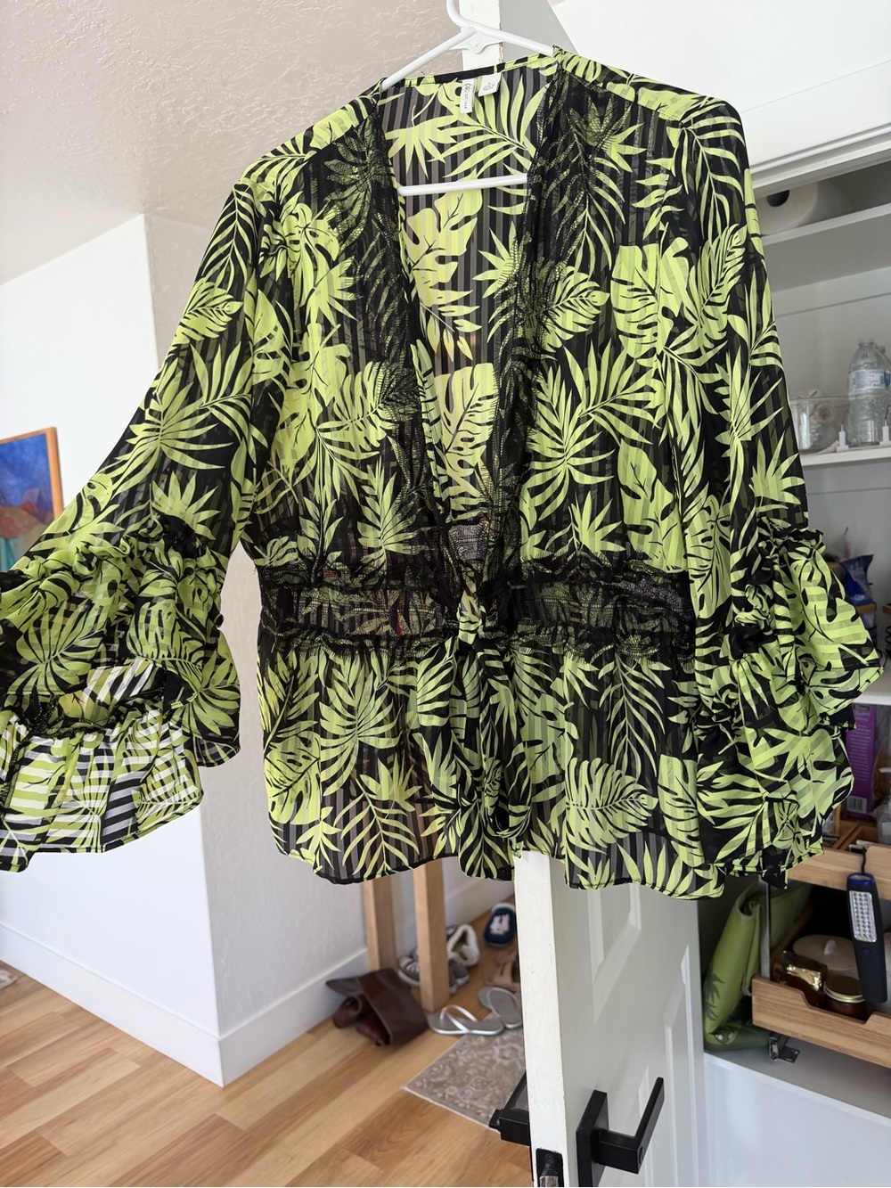 Cato Black Sheer Blouse with Lime Green Leaf Print